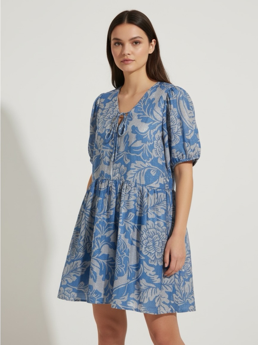 New MSK Blue Floral Tie-Front Puff-Sleeve Babydoll Dress size 1X